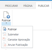 Captura de ecrã do separador Publicar, que contém botões para publicar, anular a publicação e submeter páginas de publicação para aprovação