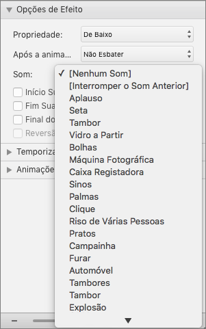 Captura de ecrã que mostra a secção Opções de Efeito do painel Animações com o menu Som expandido.