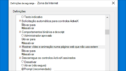 Definições de segurança: controlos ActiveX no Internet Explorer