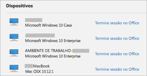 Mostra dispositivos Windows e Mac e a ligação Terminar Sessão no Office em account.Microsoft.com
