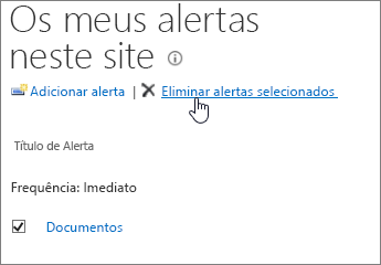 Gestor de Os Meus Alertas com a opção Eliminar alertas selecionados realçada