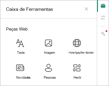 Captura de ecrã a mostrar a Caixa de Ferramentas e algumas das peças Web disponíveis.