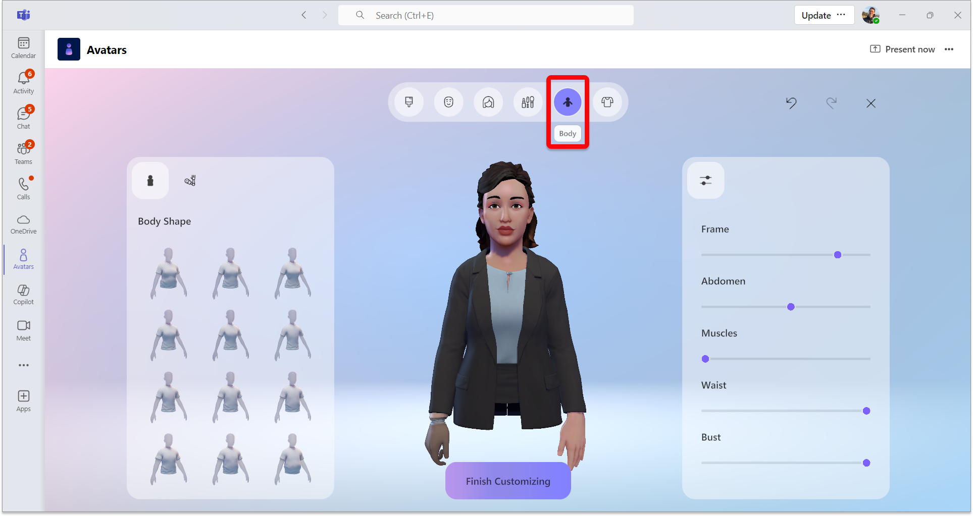 Captura de ecrã da aplicação avatares no Teams a mostrar a categoria de corpo selecionada.