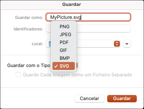 Caixa de diálogo Guardar como no PowerPoint 2021 para Mac com a opção SVG selecionada