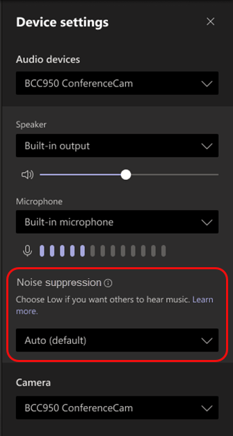 Opções de repressão de ruído nas definições do Dispositivo