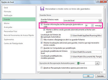 Opção de Recuperação Automática no separador Guardar na caixa de diálogo de Opções do Excel