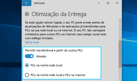 Definições para a Otimização da Entrega no Windows 10