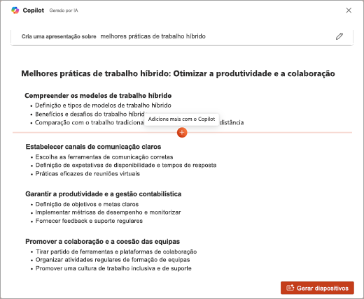 Captura de ecrã da funcionalidade Adicionar Mais com Copilot no Copilot do PowerPoint.