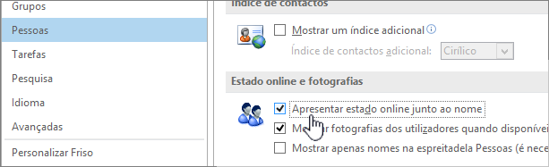 Pessoas separador na caixa de diálogo Opções com a opção Apresentar estado online realçada