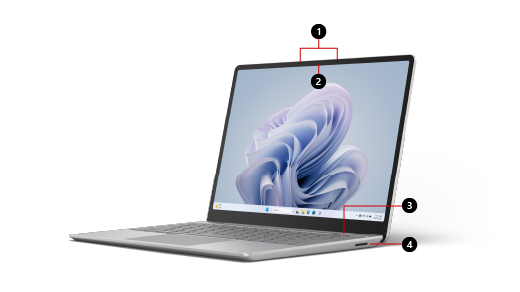 Mostra onde encontrar funcionalidades no Surface Laptop Go 3.
