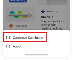 Captura de ecrã a mostrar a opção personalizar dashboard no menu de reticências.