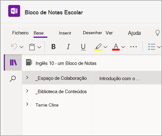 Captura de ecrã da secção de navegação de Blocos de Notas Escolares no Microsoft Teams para Educação.