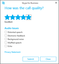 Captura de ecrã da caixa de diálogo da classificação de qualidade da chamada