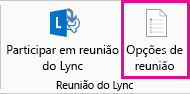 Captura de ecrã das opções de Reunião do Lync no friso