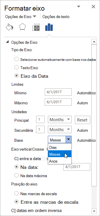 Painel Formatar eixo com eixo de data e unidades Base selecionadas