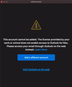 nova conta escolar ou profissional de erro do Outlook para Mac
