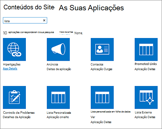 Listar aplicações na página Conteúdos do Site