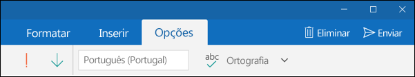 Separador de opções na aplicação Correio do Outlook