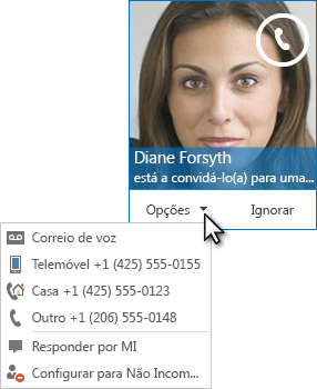 Captura de ecrã do alerta de chamada de áudio com a imagem do contacto no canto superior