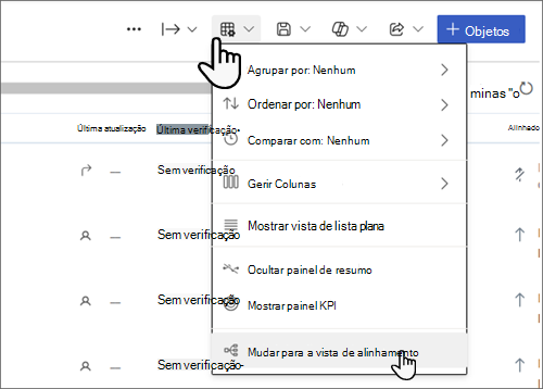 Captura de ecrã do menu Opções de Vista com a opção Mudar para a vista de alinhamento selecionada.