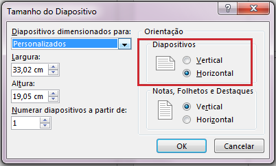 Na caixa de diálogo Tamanho do Diapositivo, pode alterar a orientação do diapositivo para Vertical ou Horizontal.