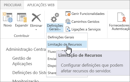 Opção Limitações de Recursos da Administração Central selecionada.