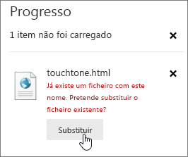 Caixa de diálogo Falha no carregamento com o botão Substituir realçada