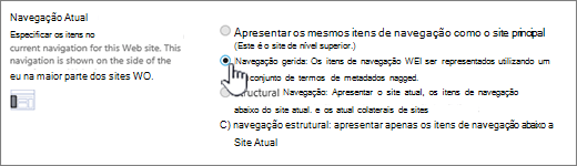 Secção de navegação actual com navegação gerida selecionada