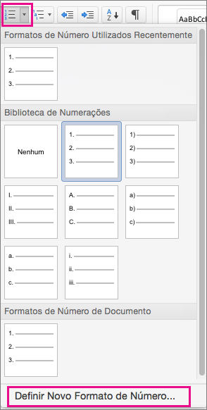 No separador Base, o ícone de Numeração e a opção Definir Novo Formato de Número estão realçados.