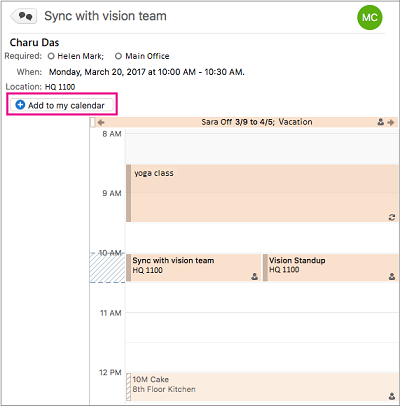 Clique no botão Adicionar ao meu calendário para adicionar um evento de grupo ao seu calendário pessoal