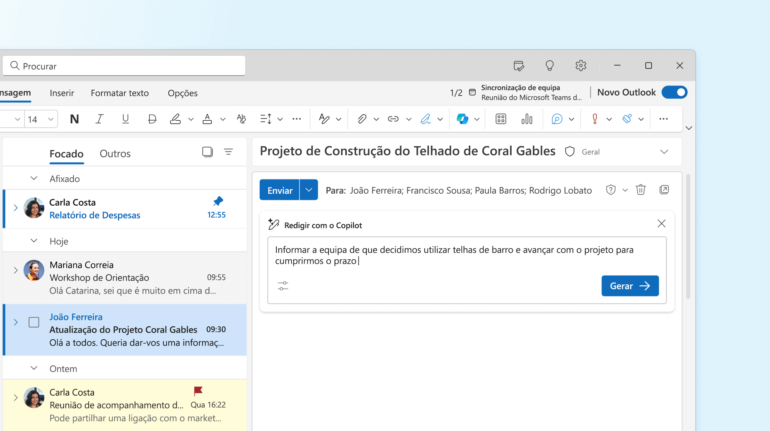 Captura de ecrã a mostrar o Copilot no Outlook a escrever um e-mail.