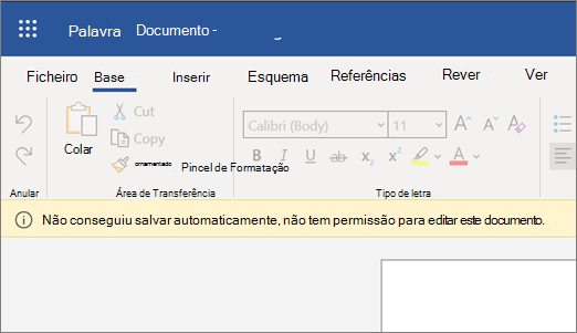 Captura de ecrã a mostra o erro Não Foi Guardado automaticamente ao editar um documento no Word
