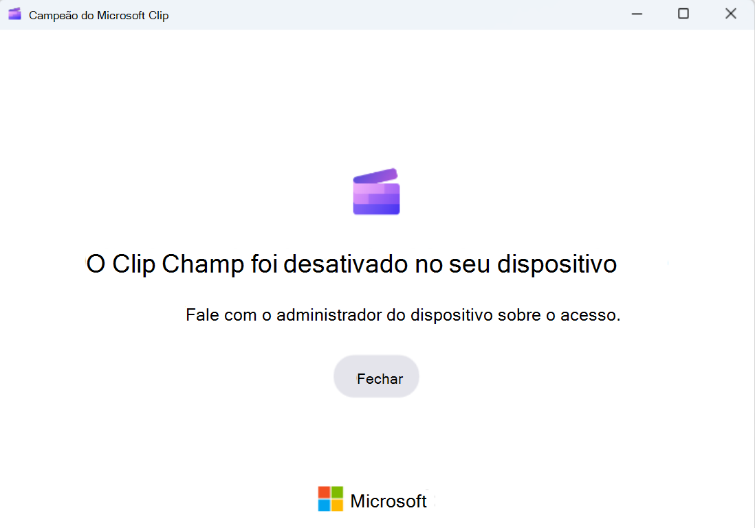 Os utilizadores da aplicação Clipchamp para Windows veem este ecrã se o acesso estiver bloqueado