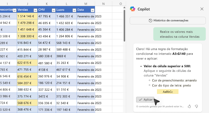 Captura de ecrã a mostrar como realçar valores com o Copilot no Excel.