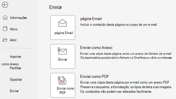 Captura de ecrã a mostrar os botões Enviar como Anexo e Enviar como PDF.