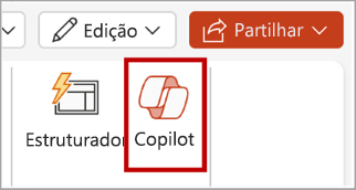 Screenshot of the Copilot button in the PowerPoint ribbon menu