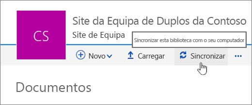 Cabeçalho da biblioteca de documentos com a opção Sincronizar selecionada