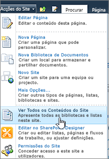 Ver todo o conteúdo do site no menu Ações do site