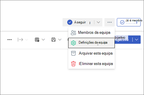 Captura de ecrã do menu Equipa.