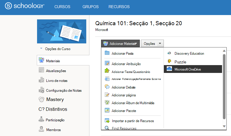 Anexe um documento do OneDrive a uma lista de Materiais do Curso Schoology.