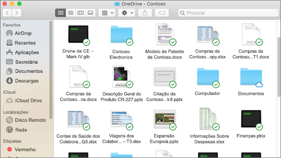 Captura de ecrã a mostrar a integração do Finder no Mac com sobreposições de sincronização para ficheiros sincronizados