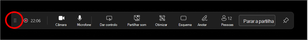 Selecione e arraste a barra de arrasto para mover a barra de ferramentas do apresentador para qualquer lugar no ecrã.