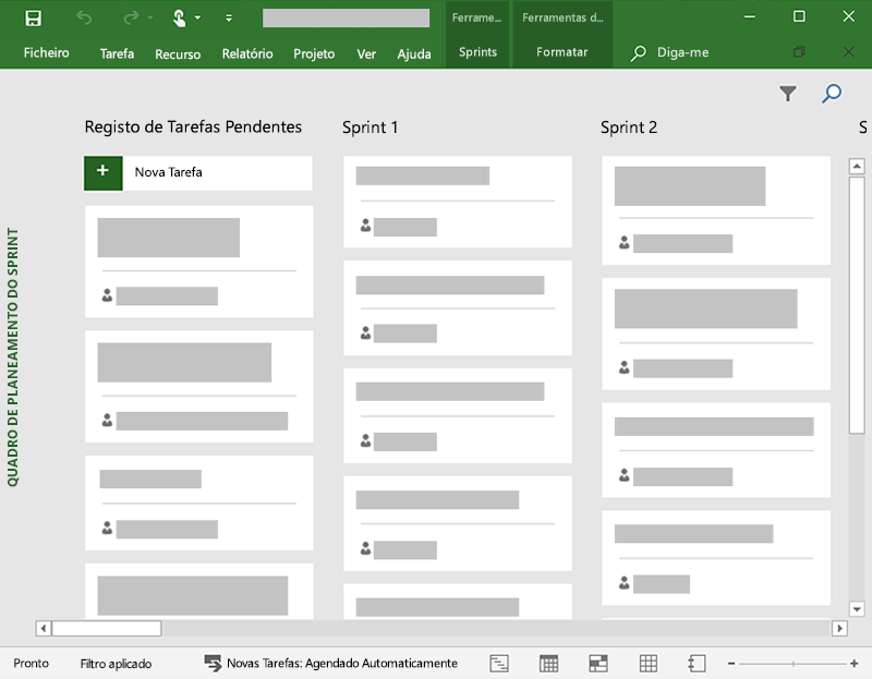 Captura de ecrã de um quadro de tarefas no Microsoft Project com 3 colunas.