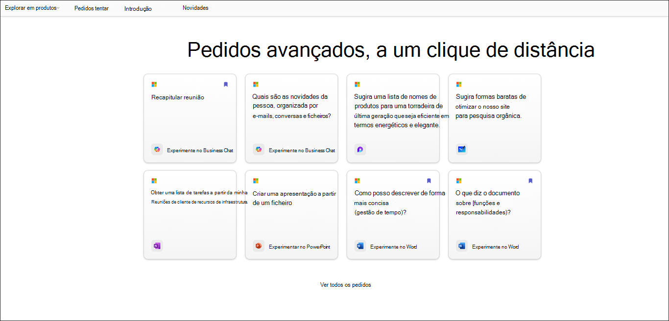 Pedidos secção na página Galeria de pedidos do Copilot a mostrar pedidos de exemplo.