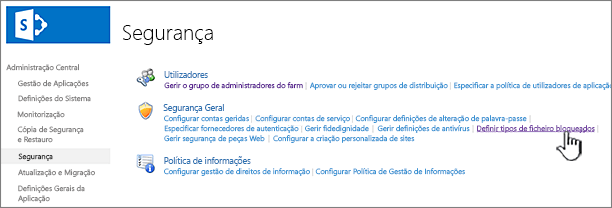 Definir ficheiros bloqueados a partir da segurança da administração central