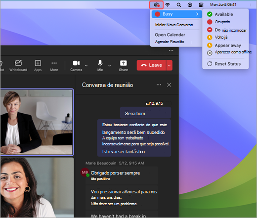 Captura de ecrã a mostrar o menu de ações rápidas do Teams no Mac.