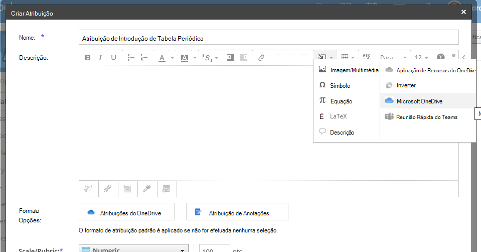 Insira uma ligação do OneDrive ou um documento incorporado numa Revisor Schoology Rich Text.