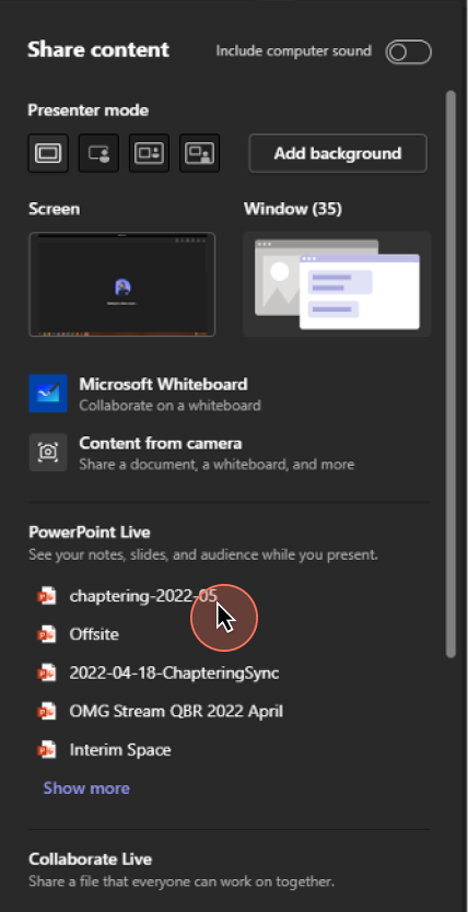 Um menu aberto apresenta as opções de partilha de ecrã que um utilizador tem durante uma Gravação de Reunião do Teams. A metade inferior do menu apresenta uma lista de apresentações do PowerPoint que um utilizador pode optar por partilhar.