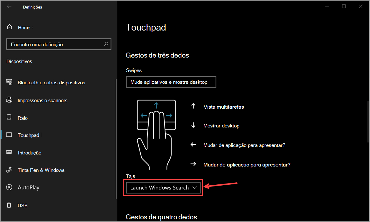 Definições de touchpad no Windows 10