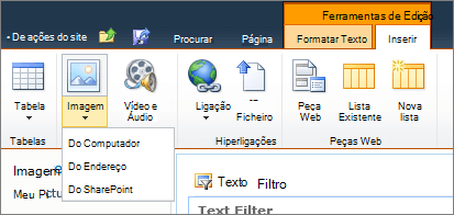 Clique no botão de imagem na fita e selecione a partir de computador, endereço ou SharePoint.